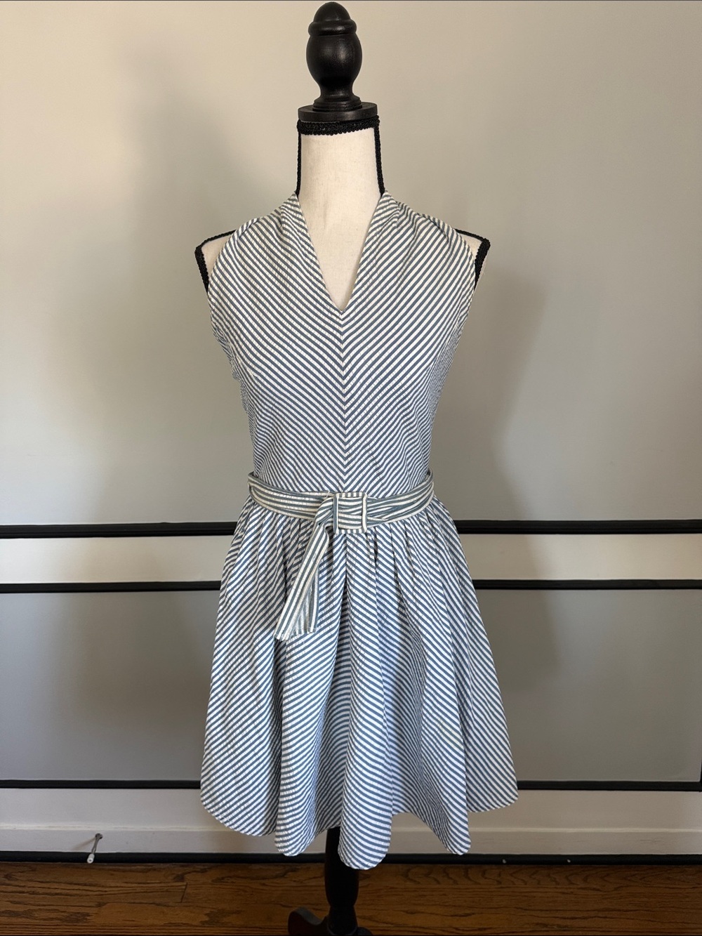 Armani Jeans:  Blue and White Striped Sleeveless Fit & Flare Dress